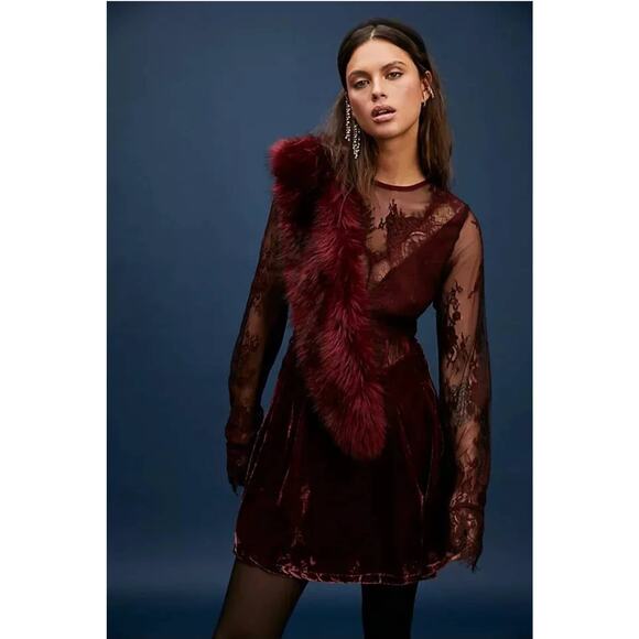 New Free People Marlie Lace Mini Dress $198 X-SMALL Garnet - Picture 1 of 4